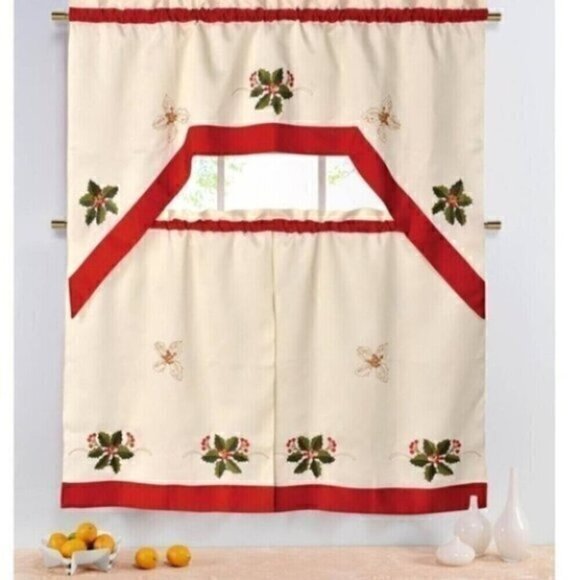 3PC Embroidery Bordered Kitchen Curtain Set - Picture 1 of 1